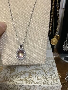 Sterling Silver Oval Aurora Glass Pendant Necklace - Pink Gradient